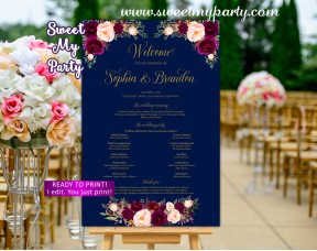 Burgundy Welcome Sign with program,Navy Wedding poster,(84w)